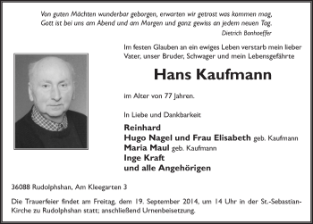 Traueranzeige von Hans Kaufmann 