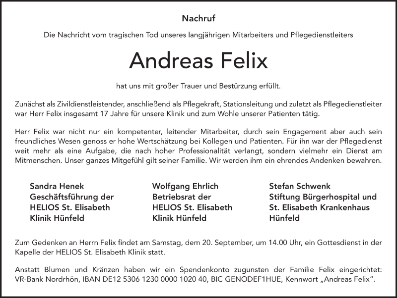  Traueranzeige für Andreas Felix vom 17.09.2014 aus 