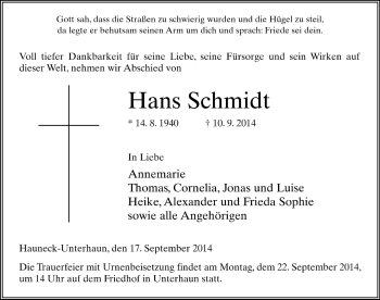 Traueranzeige von Hans Schmidt 