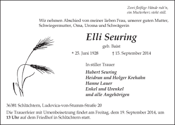 Traueranzeige von Elli Seuring 