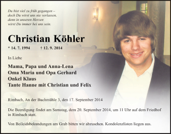 Traueranzeige von Christian Köhler 