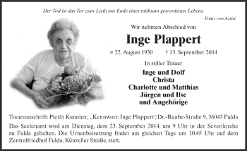 Traueranzeige von Inge Plappert 