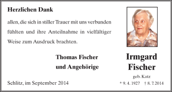Traueranzeige von Irmgard Fischer 