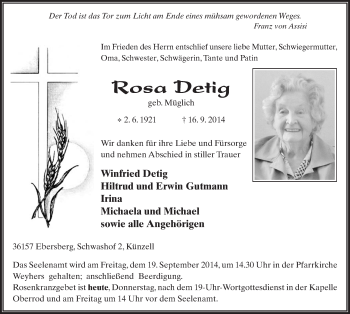 Traueranzeige von Rosa Detig 