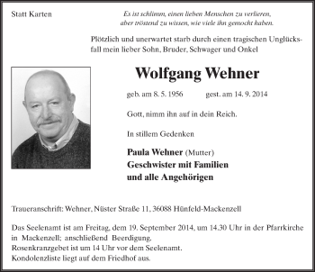 Traueranzeige von Wolfgang Wehner 