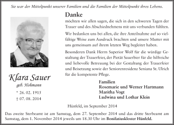 Traueranzeige von Klara Sauer 