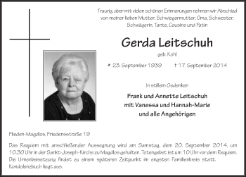 Traueranzeige von Gerda Leitschuh 