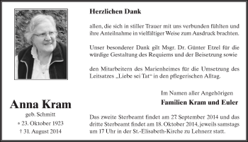 Traueranzeige von Anna Kram 
