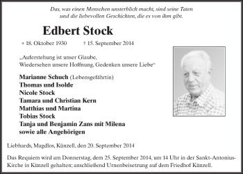 Traueranzeige von Edbert Stock 