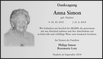 Traueranzeige von Anna Simon 