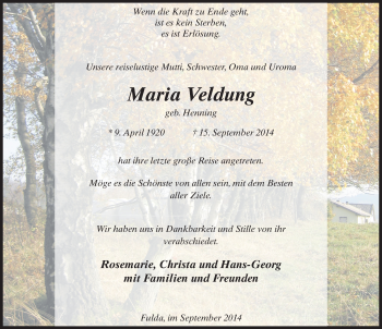 Traueranzeige von Maria Veldung 