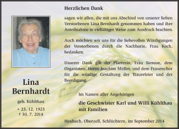 Traueranzeige von Karoline Bernhardt 