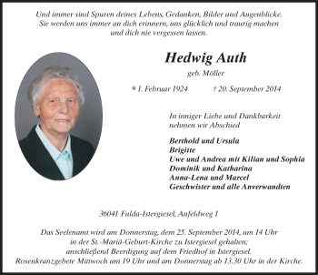 Traueranzeige von Hedwig Auth 