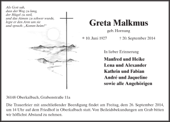 Traueranzeige von Greta Malkmus 