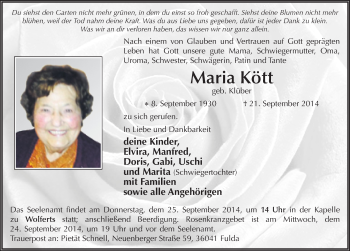 Traueranzeige von Maria Kött 