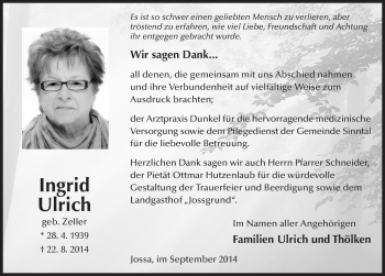 Traueranzeige von Ingrid Ulrich 