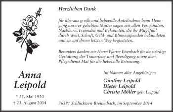 Traueranzeige von Anna Leipold 