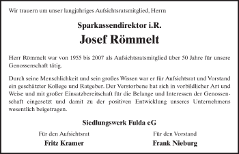 Traueranzeige von Josef Römmelt 