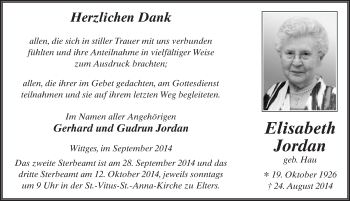 Traueranzeige von Elisabeth Jordan 