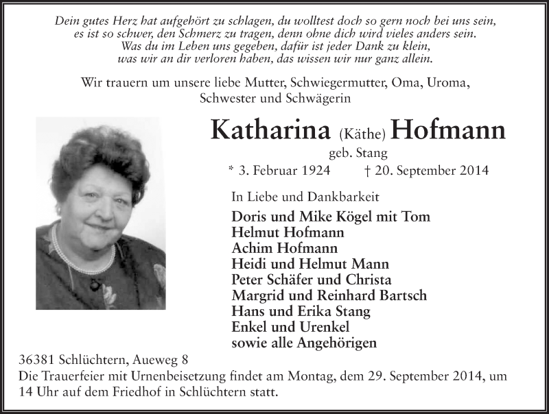  Traueranzeige für Katharina Hofmann vom 25.09.2014 aus 