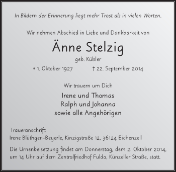 Traueranzeige von Änne Stelzig 