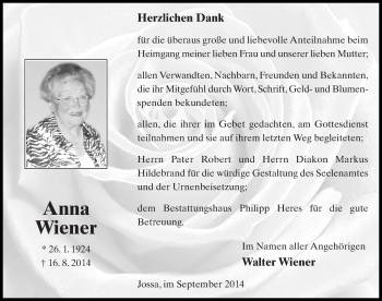 Traueranzeige von Anna Wiener 