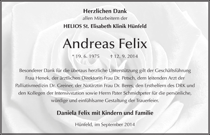  Traueranzeige für Andreas Felix vom 27.09.2014 aus 