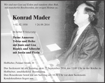 Traueranzeige von Konrad Mader 