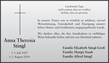 Traueranzeige von Anna Theresia Stingl 