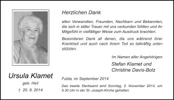 Traueranzeige von Ursula Klamet 