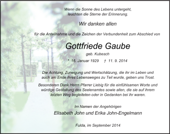 Traueranzeige von Gottfriede Gaube 