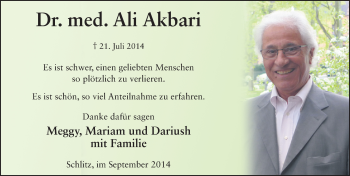 Traueranzeige von Dr. med. Ali Akbari 