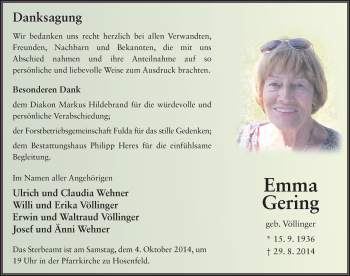 Traueranzeige von Emma Gering 