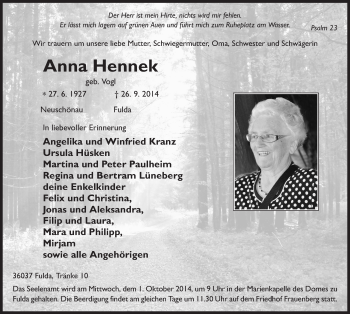 Traueranzeige von Anna Hennek 