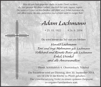 Traueranzeige von Adam Lachmann 