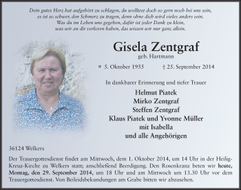 Traueranzeige von Gisela Zentgraf 