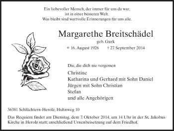 Traueranzeige von Margarethe Breitschädel 