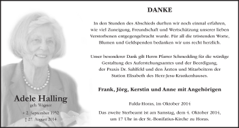 Traueranzeige von Adele Halling 