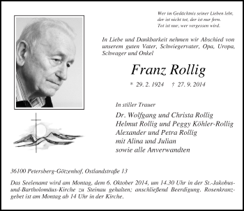 Traueranzeige von Franz Rollig 