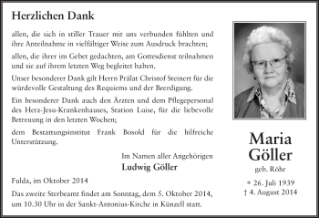 Traueranzeige von Maria Göller 