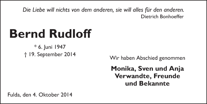  Traueranzeige für Bernd Rudloff vom 04.10.2014 aus 