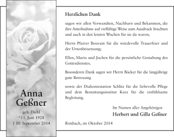Traueranzeige von Anna Geßner 