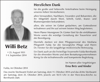 Traueranzeige von Willi Betz 