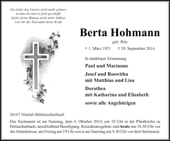 Traueranzeige von Berta Hohmann 