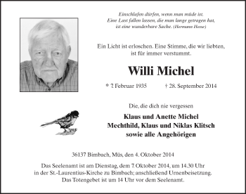 Traueranzeige von Willi Michel 