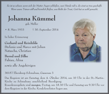 Traueranzeige von Johanna Kümmel 