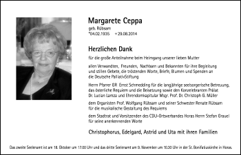 Traueranzeige von Margarete Ceppa 