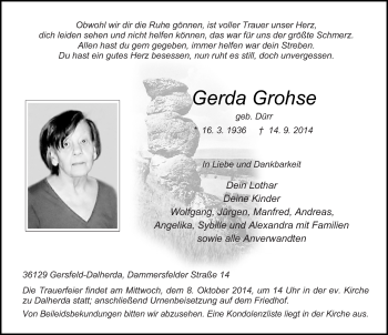 Traueranzeige von Gerda Grohse 