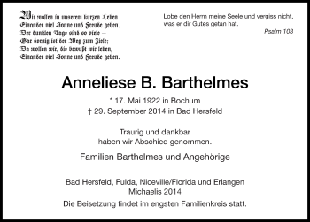 Traueranzeige von Anneliese Barthelmes 