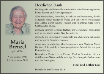 Traueranzeige von Maria Brenzel 